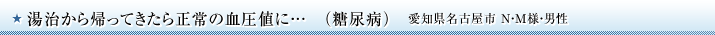 湯治から帰ってきたら正常の血圧値に　糖尿病　愛知県名古屋市 Ｎ・Ｍ様男性